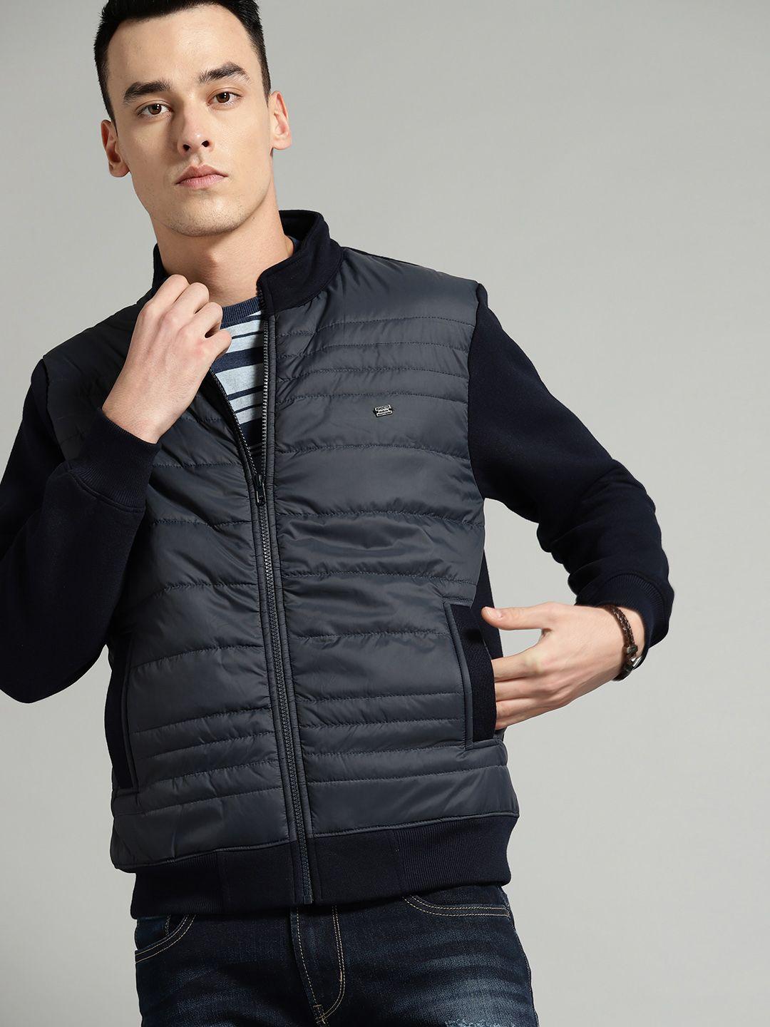 roadster men navy blue solid padded jacket