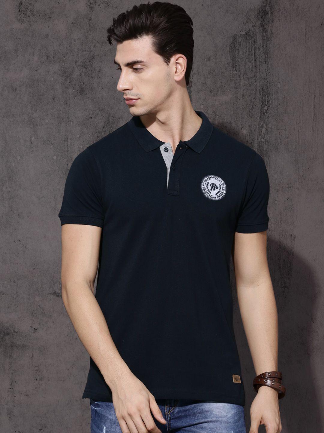 roadster men navy blue solid polo collar pure cotton t-shirt