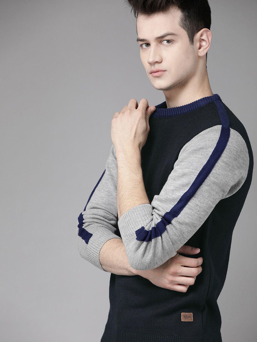 roadster men navy blue solid pullover sweater