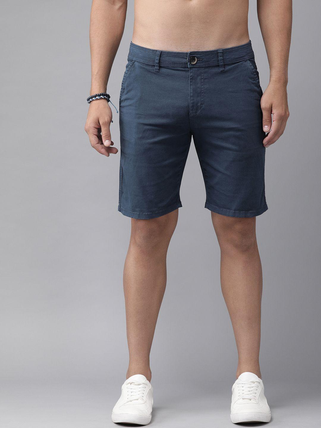 roadster men navy blue solid regular fit chino shorts