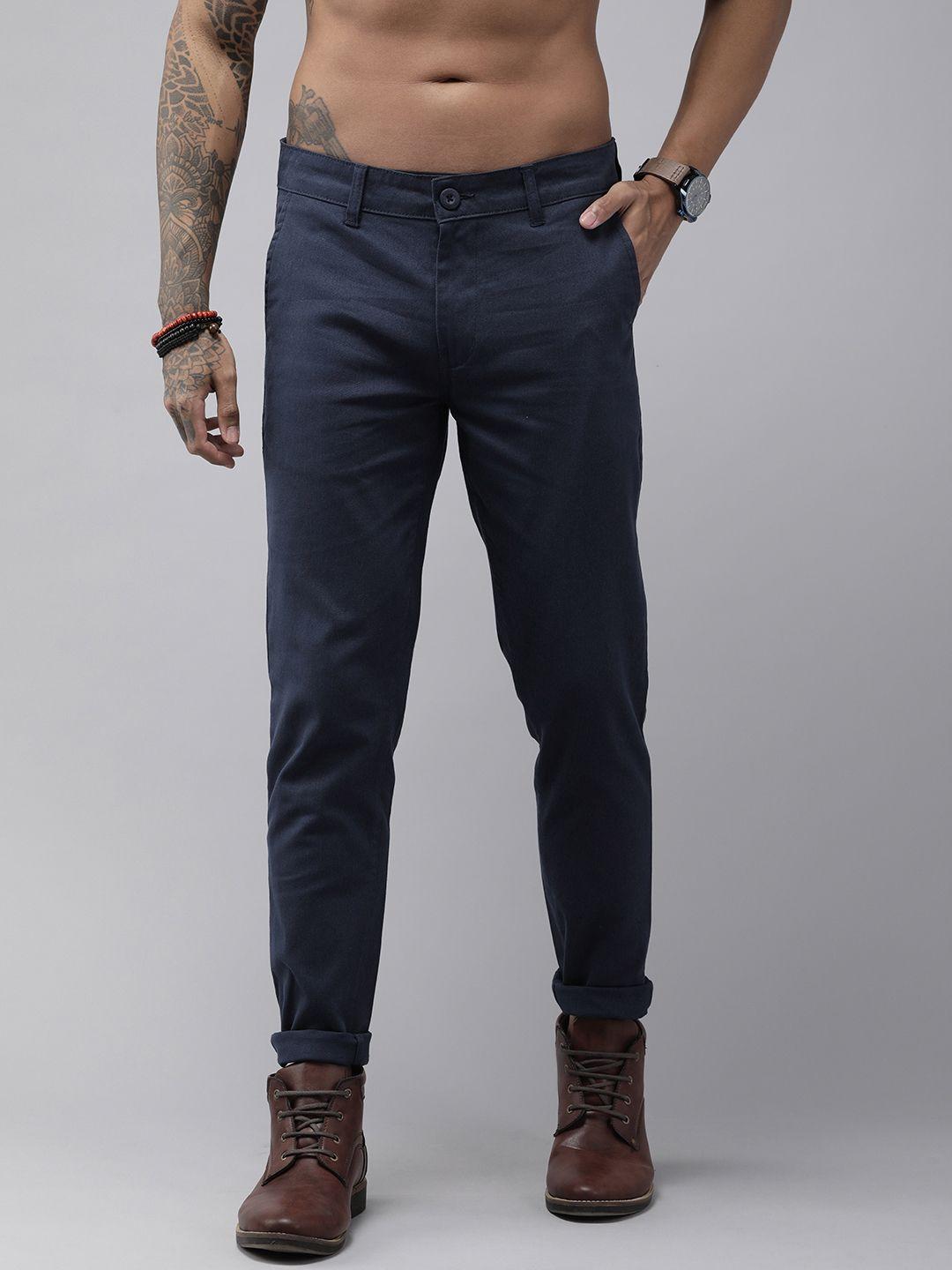 roadster men navy blue straight fit solid trousers