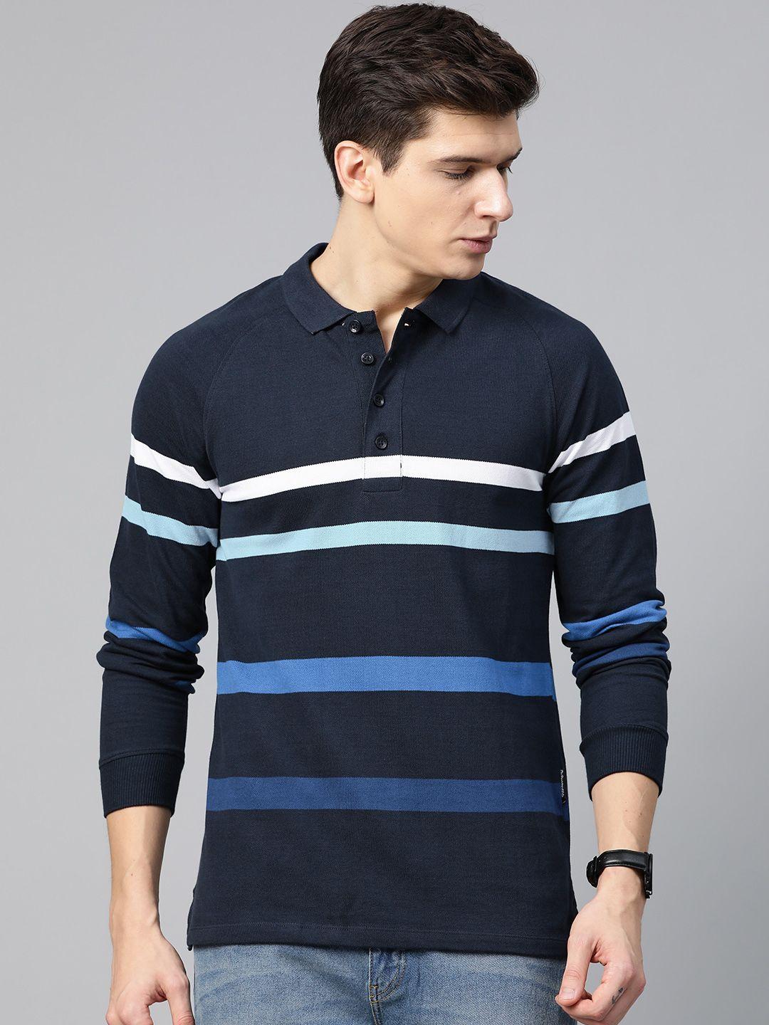 roadster men navy blue striped polo collar t-shirt