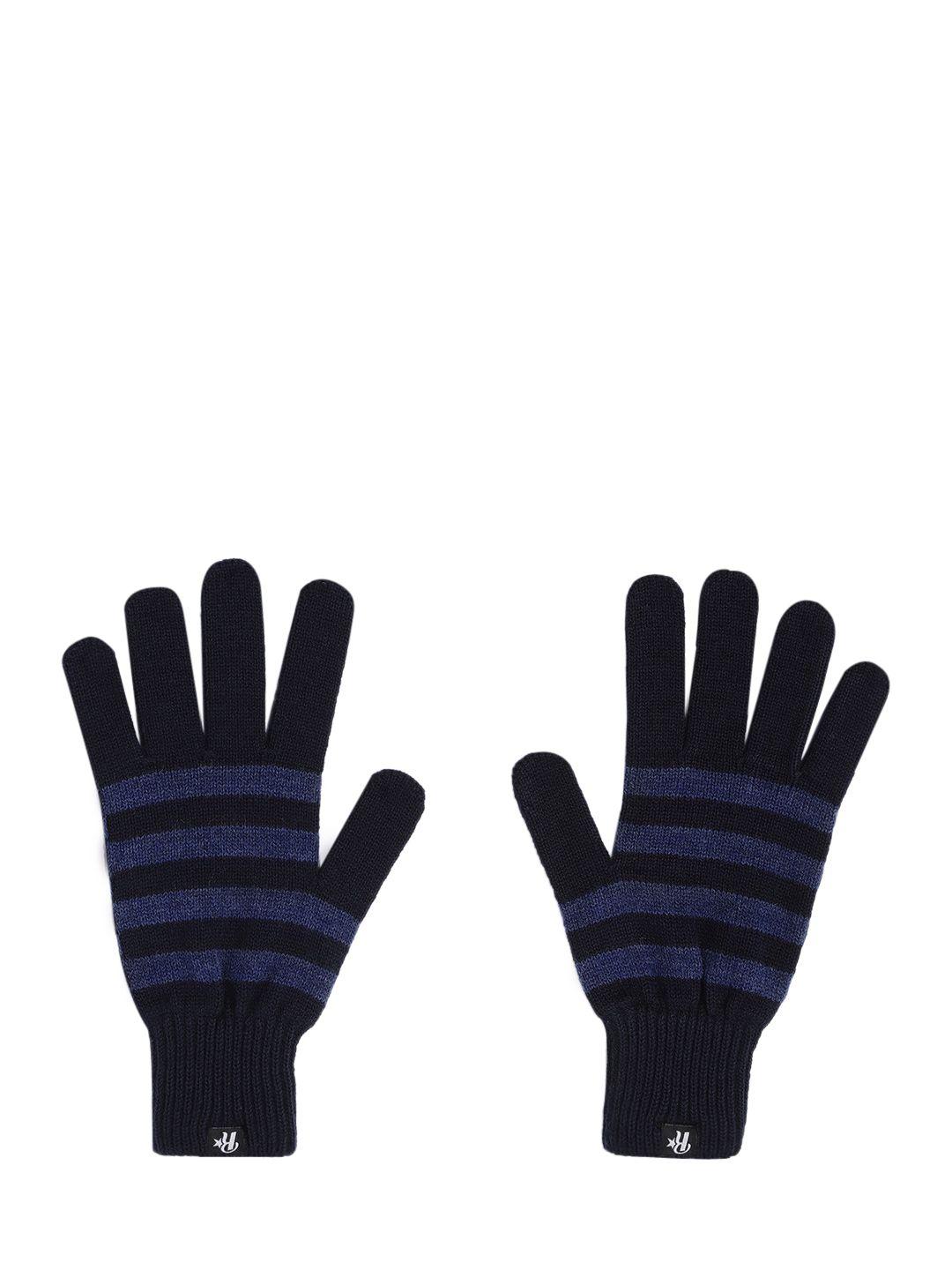 roadster men navy blue striped winter hand gloves