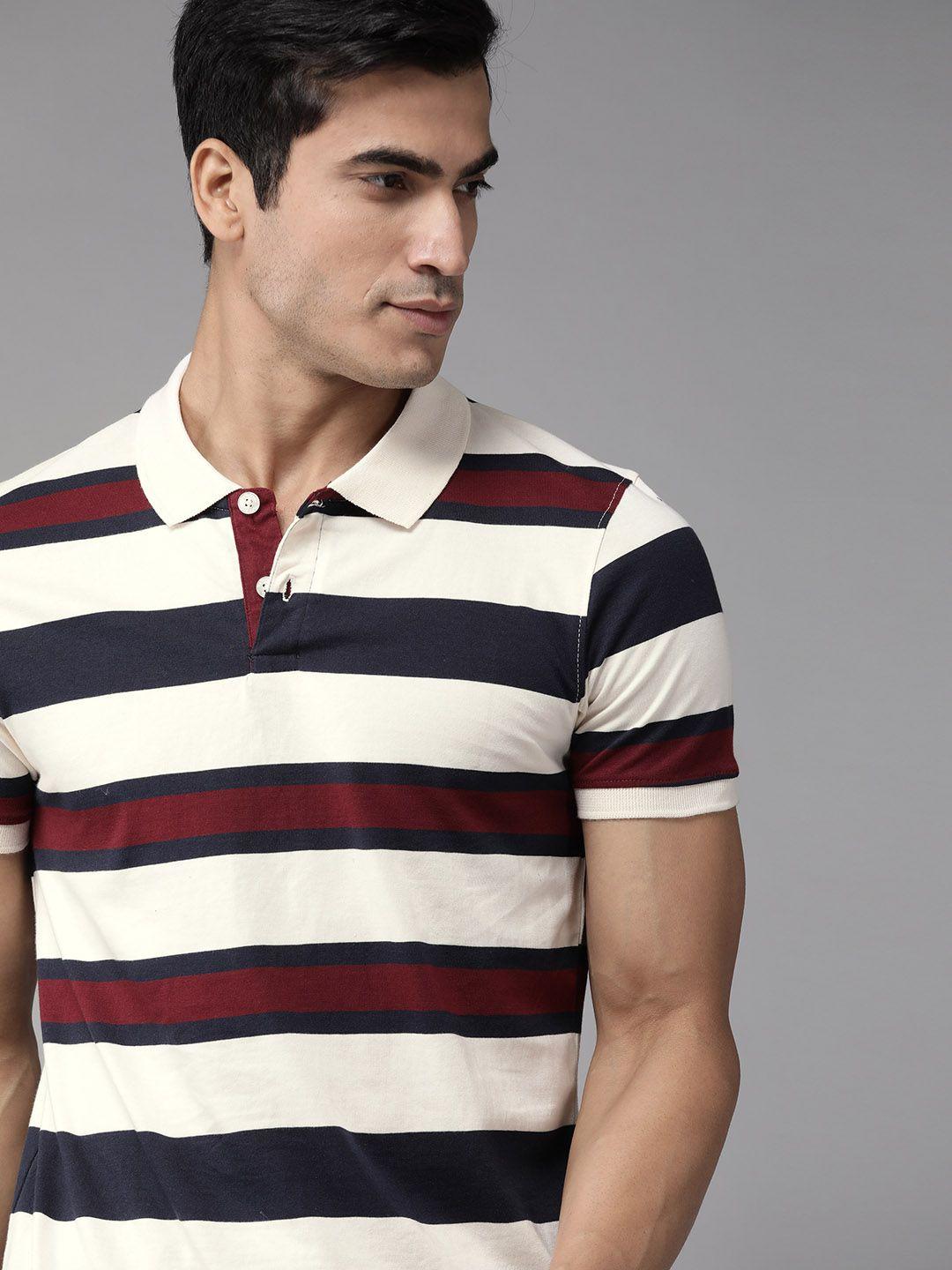 roadster men off-white & maroon striped cotton polo collar t-shirt