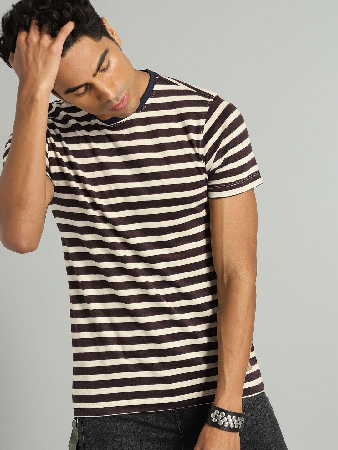 roadster men off-white  coffee brown striped round neck pure cotton t-shirt