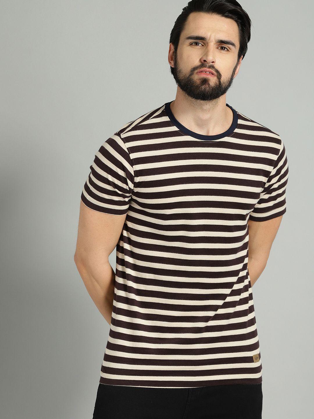 roadster men off-white  coffee brown striped round neck pure cotton t-shirt
