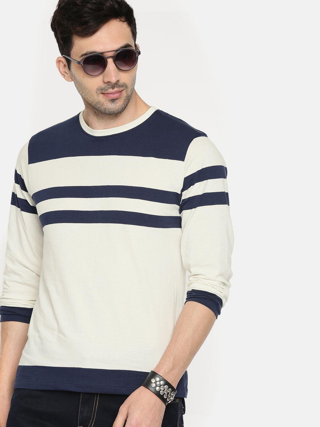 roadster men off-white  navy blue striped round neck pure cotton t-shirt