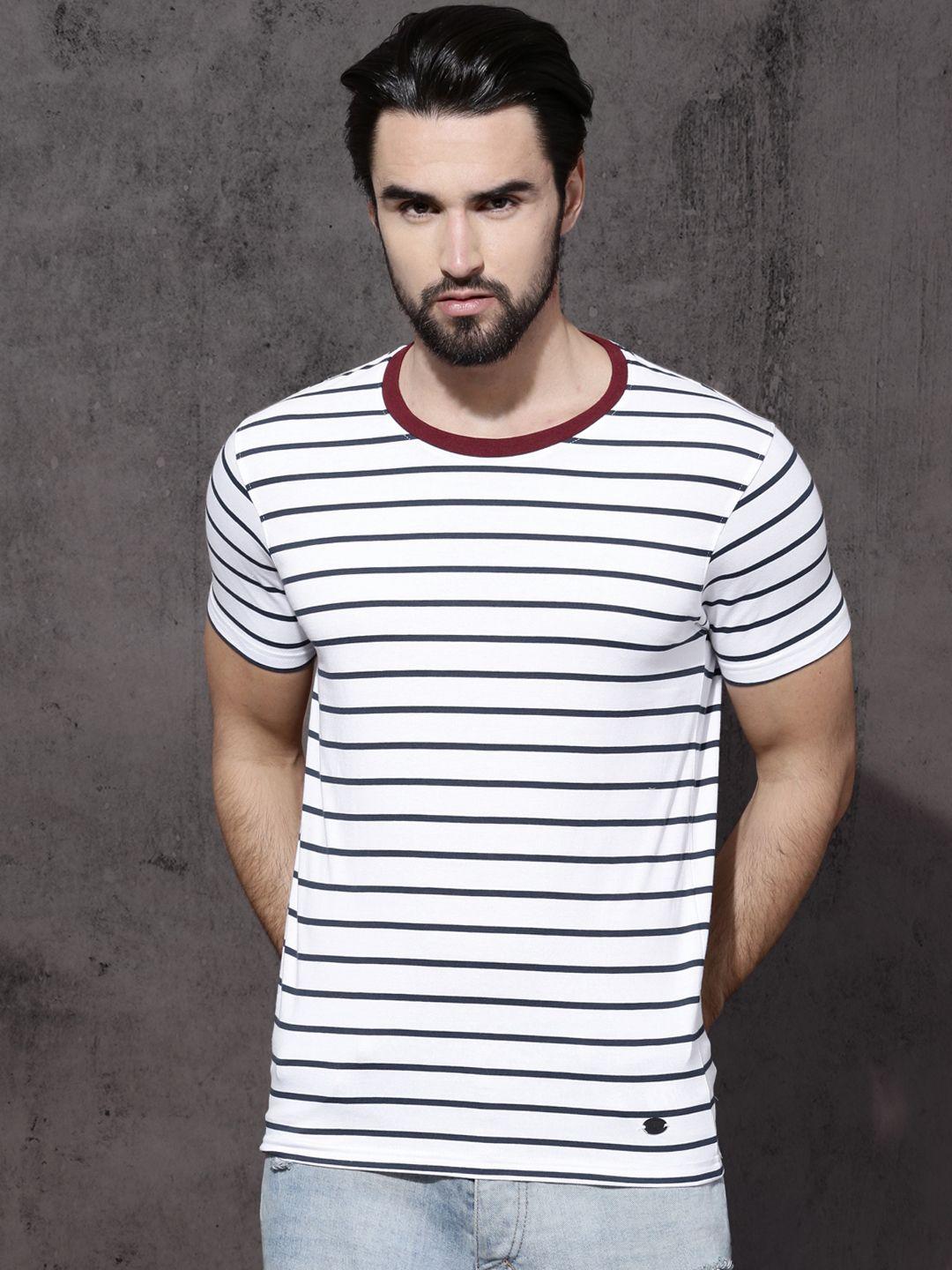 roadster men off-white  navy striped round neck pure cotton t-shirt