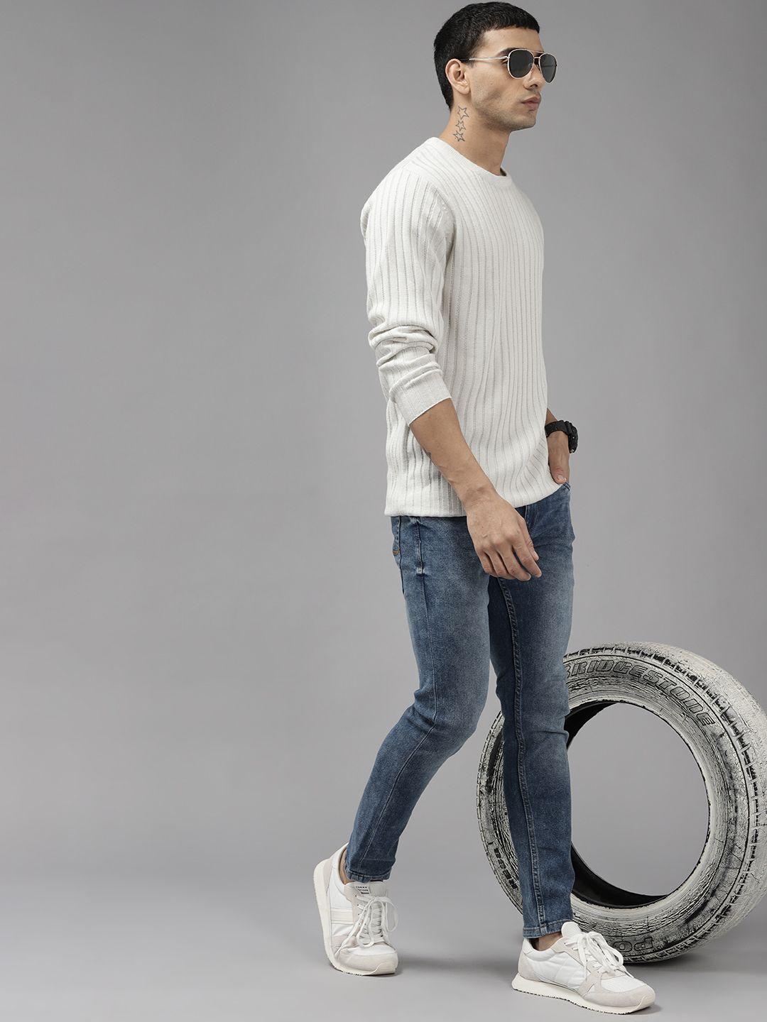 roadster men off white self striped acrylic pullover