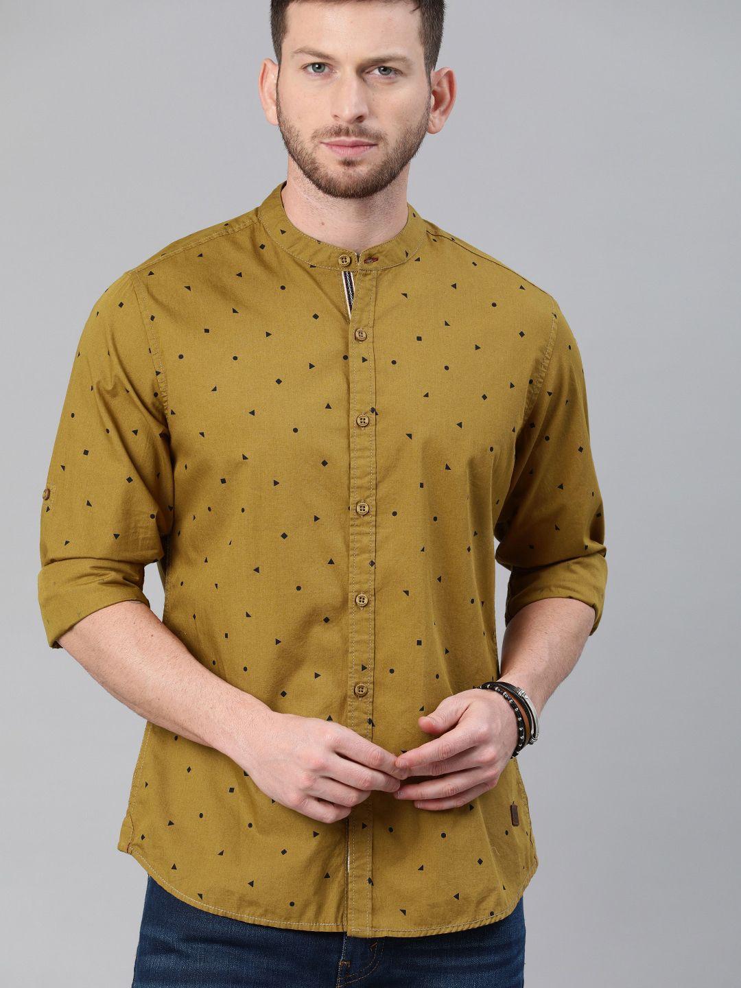 roadster men olive brown & black regular fit printed casual sustainable shirt