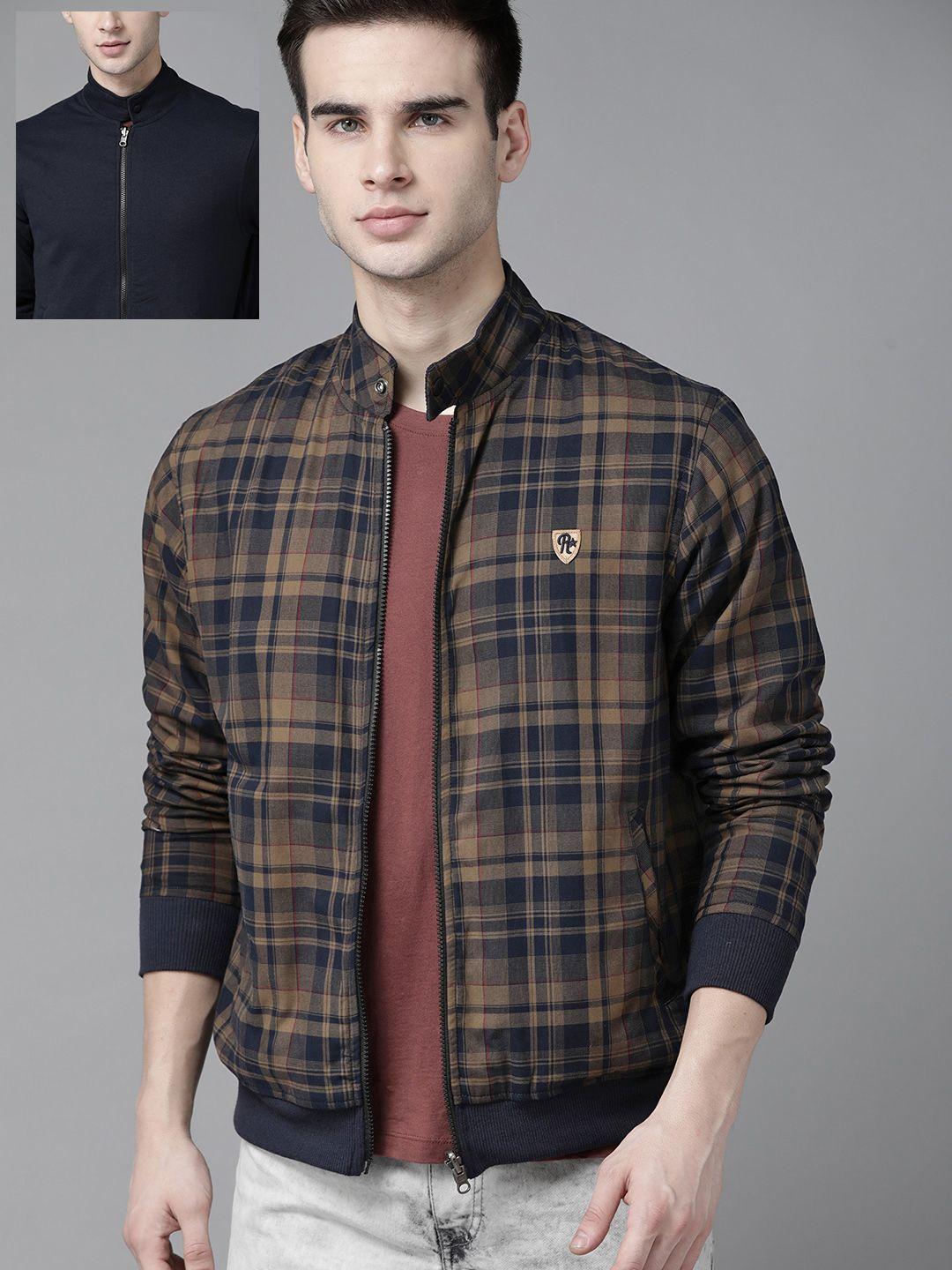 roadster men olive brown & navy blue checked reversible bomber jacket