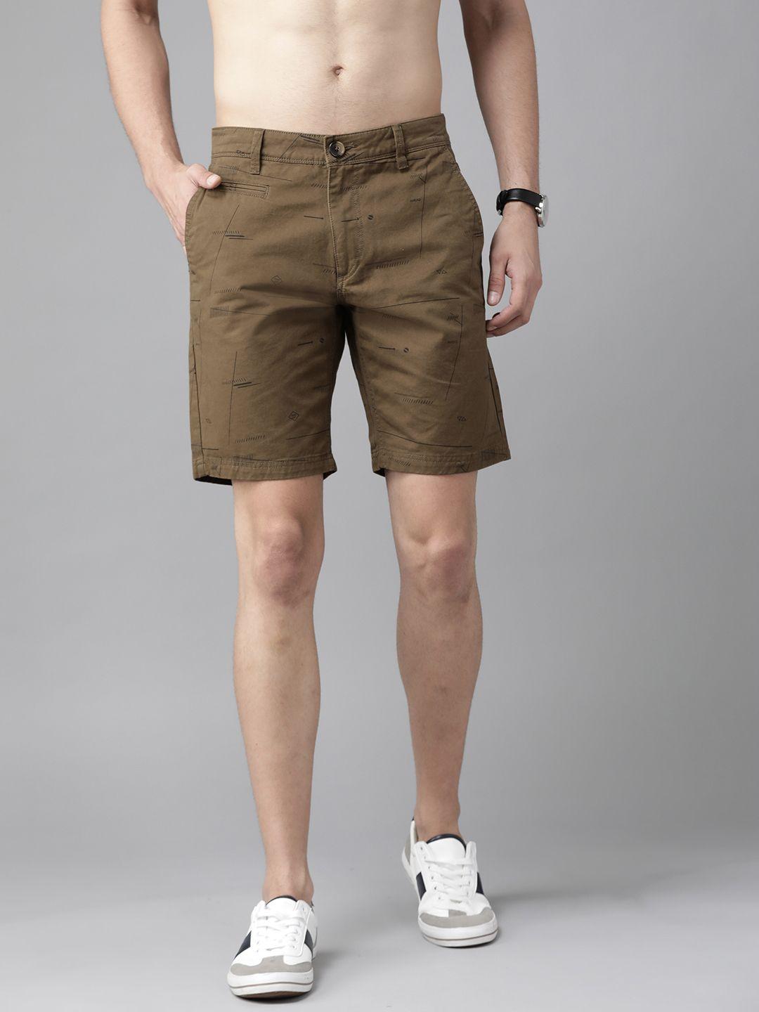 roadster men olive brown pure cotton printed regular shorts