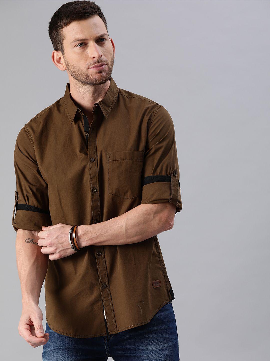 roadster men olive brown regular fit solid sustainable casual shirt