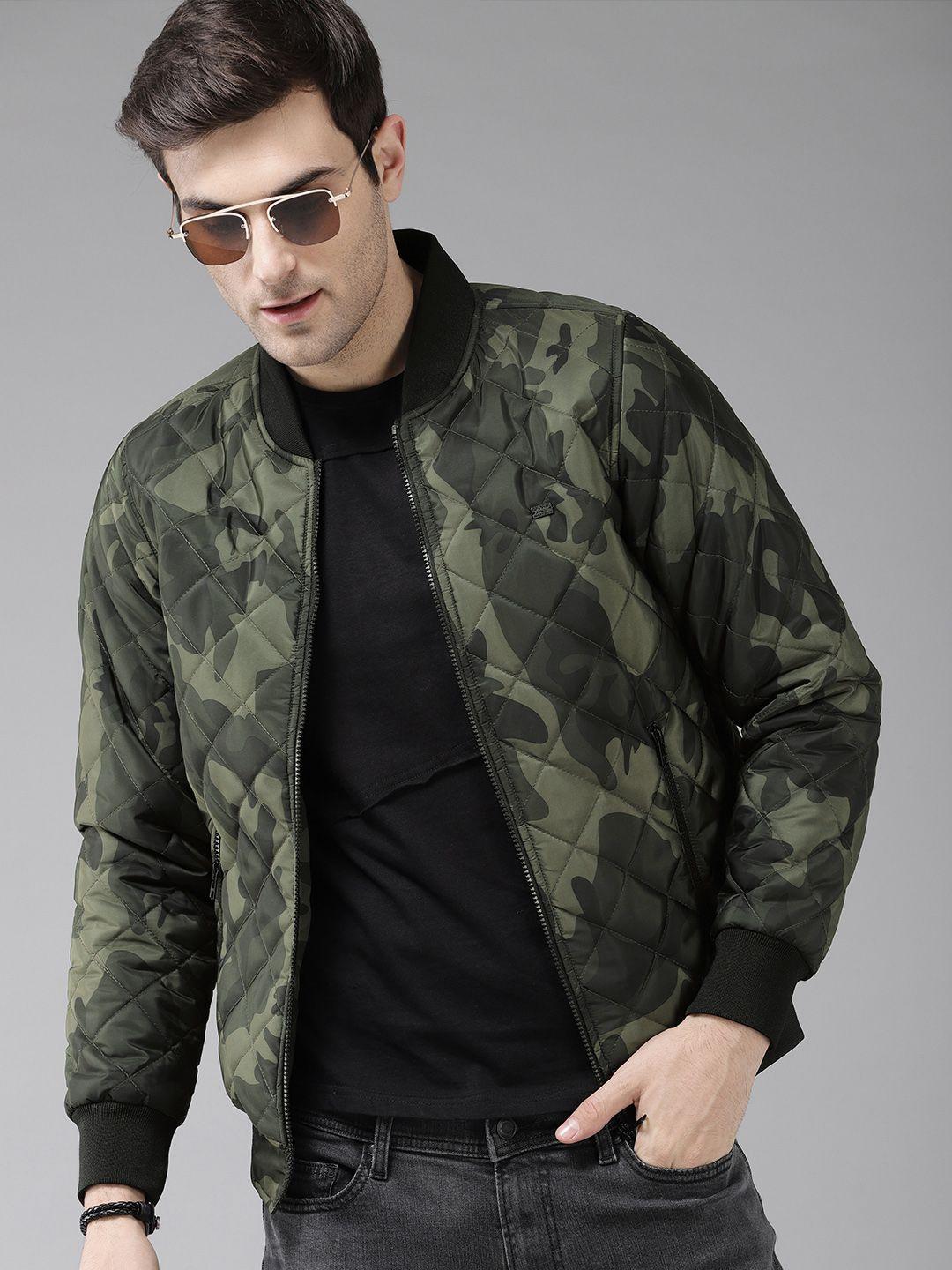 roadster men olive green & black camouflage printed bomber jacket