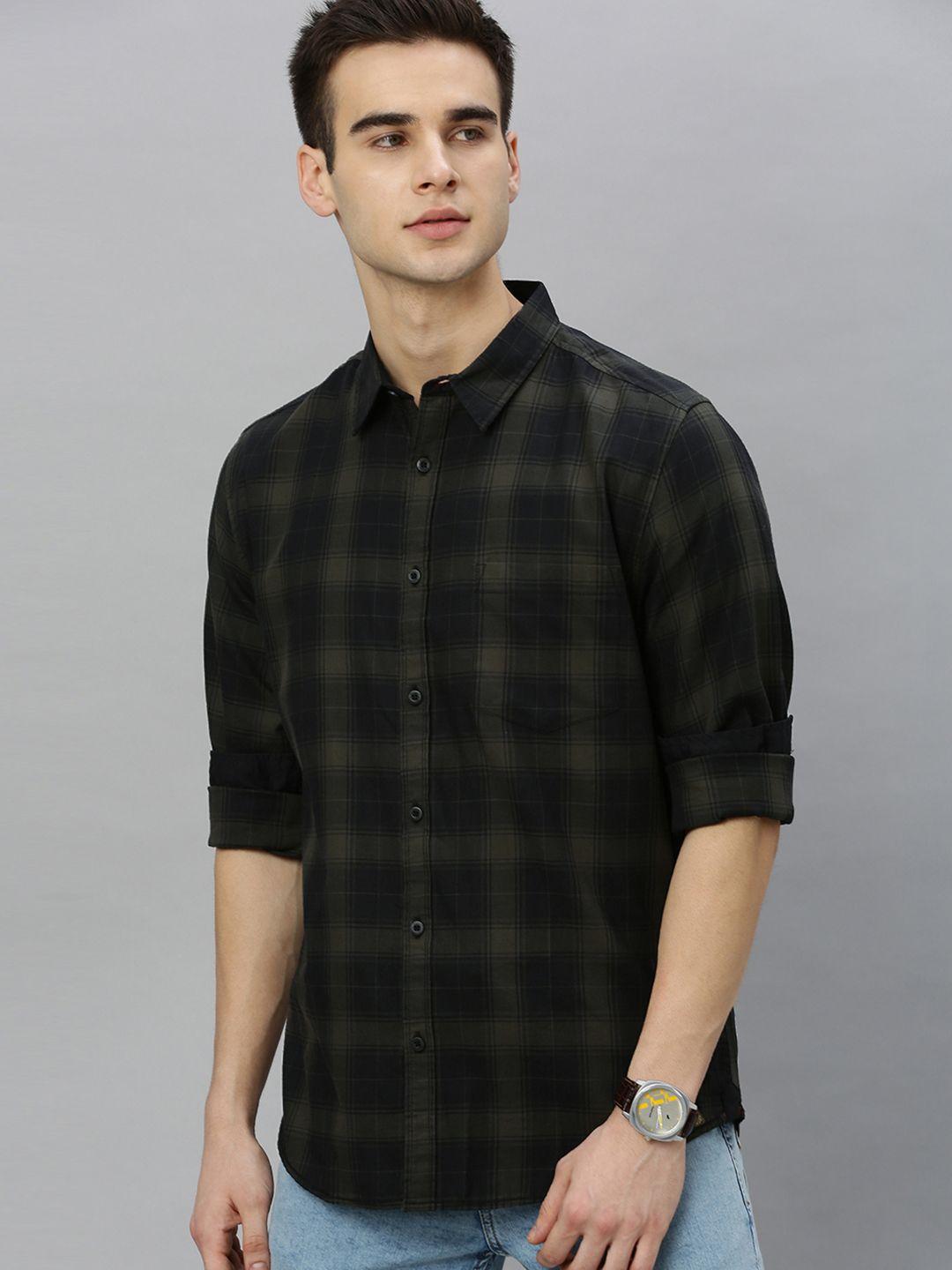 roadster men olive green & black checked sustainable casual shirt