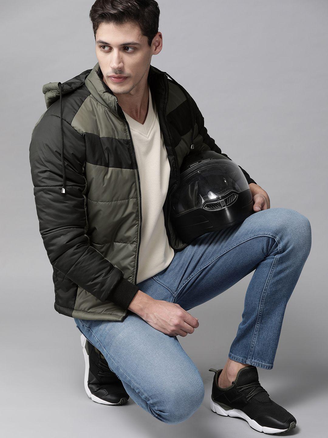 roadster men olive green & black colourblocked padded hooded jacket