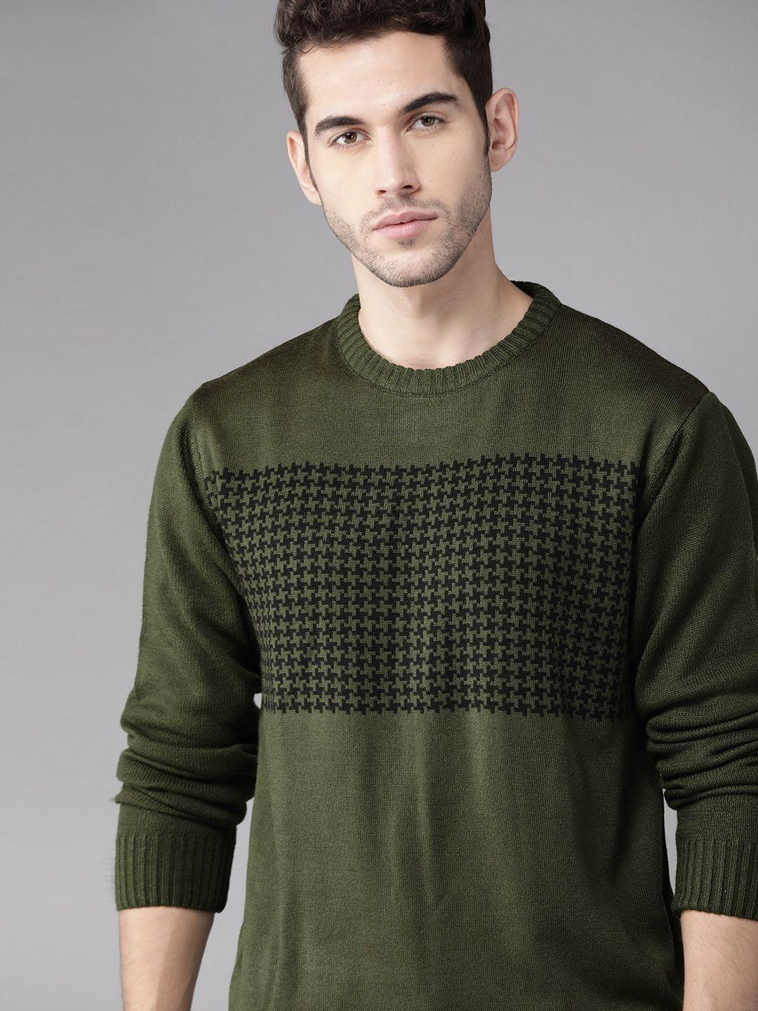 roadster men olive green & black houndstooth pattern pullover sweater