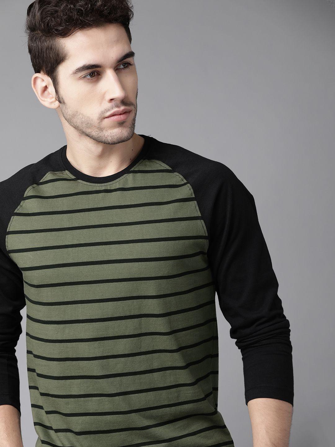 roadster men olive green & black striped round neck t-shirt