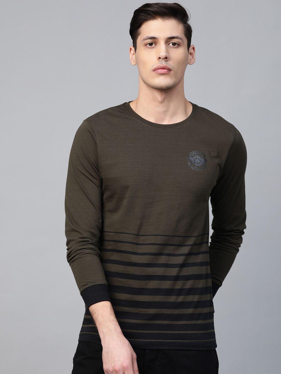 roadster men olive green & black striped round neck t-shirt