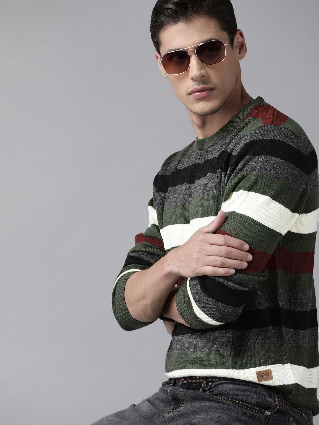 roadster men olive green & charcoal grey striped pullover