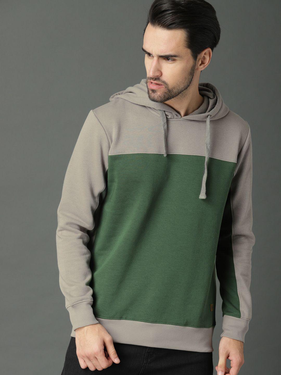 roadster men olive green & grey colourblocked hooded sweatshirt