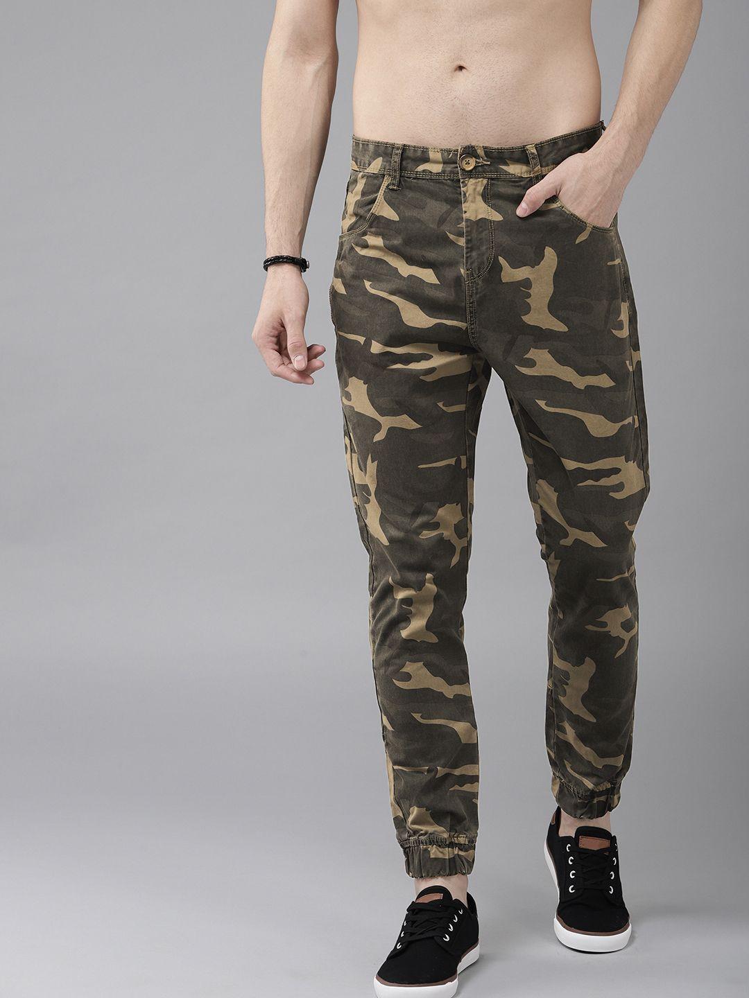 roadster men olive green & khaki camouflage pure cotton joggers