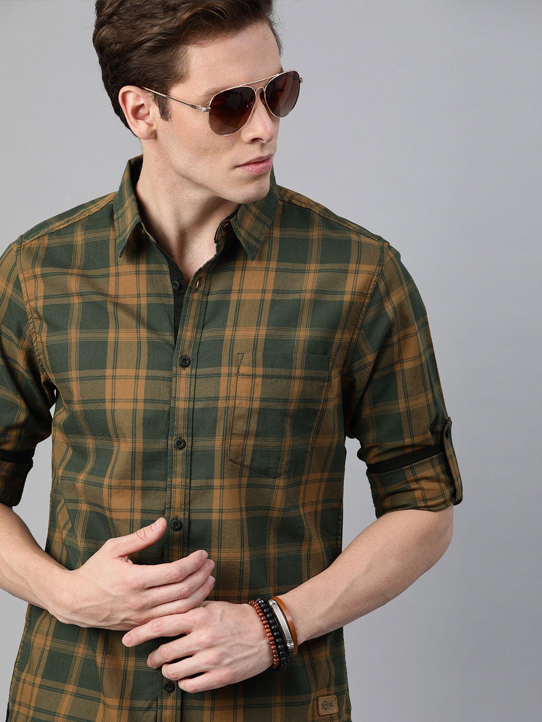 roadster men olive green & mustard yellow checked pure cotton casual sustainable shirt