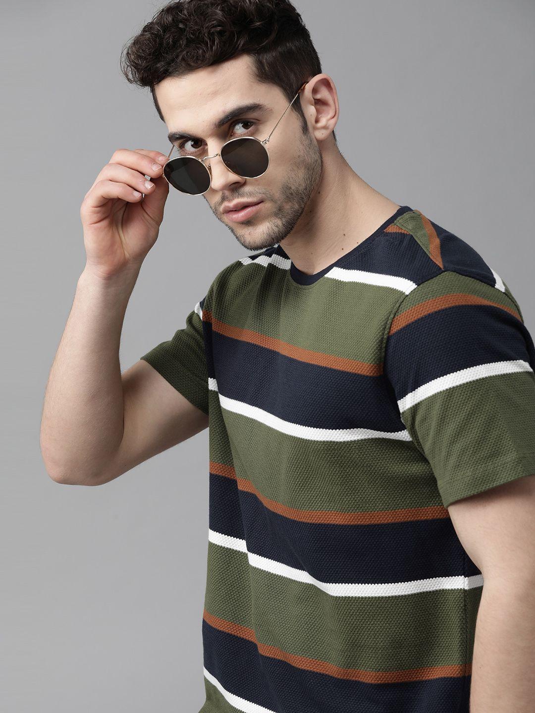 roadster men olive green & navy blue pure cotton striped round neck t-shirt