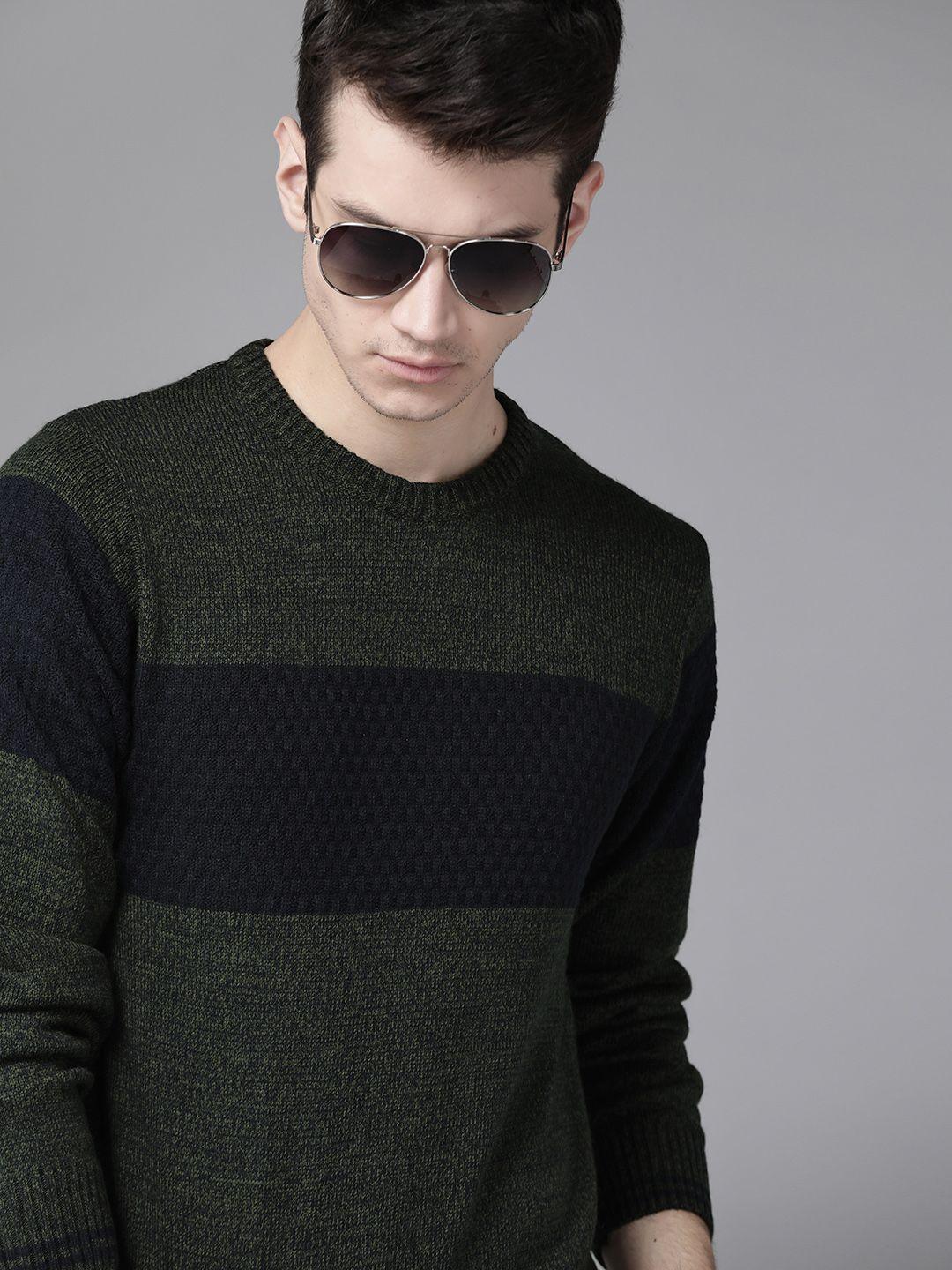 roadster men olive green & navy striped pullover