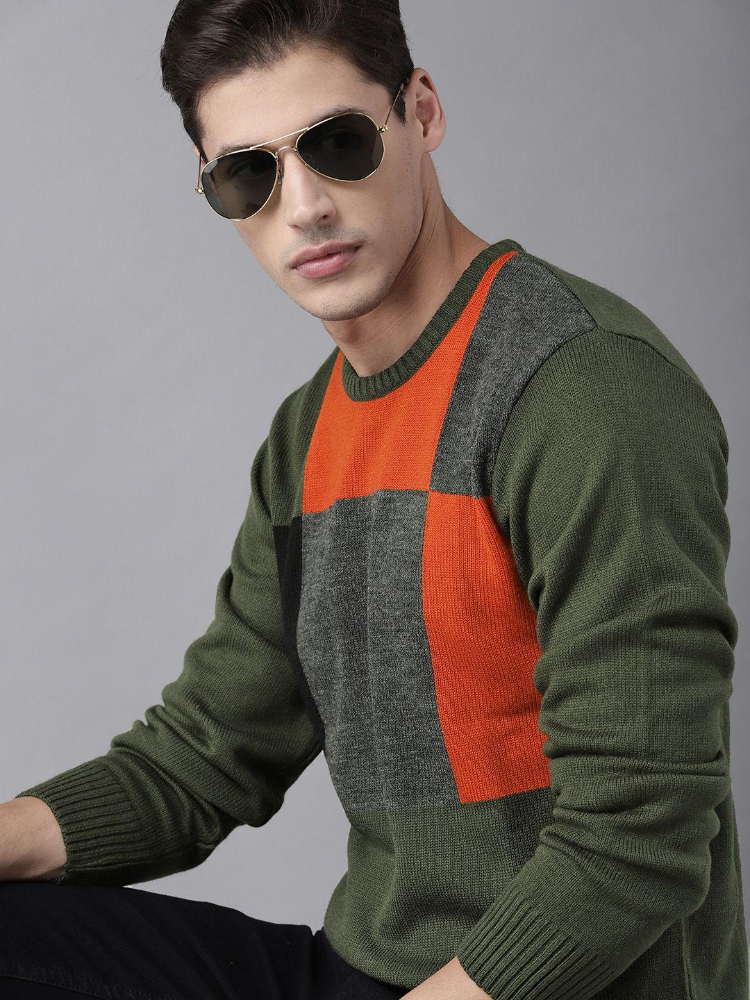 roadster men olive green & orange acrylic colourblocked pullover