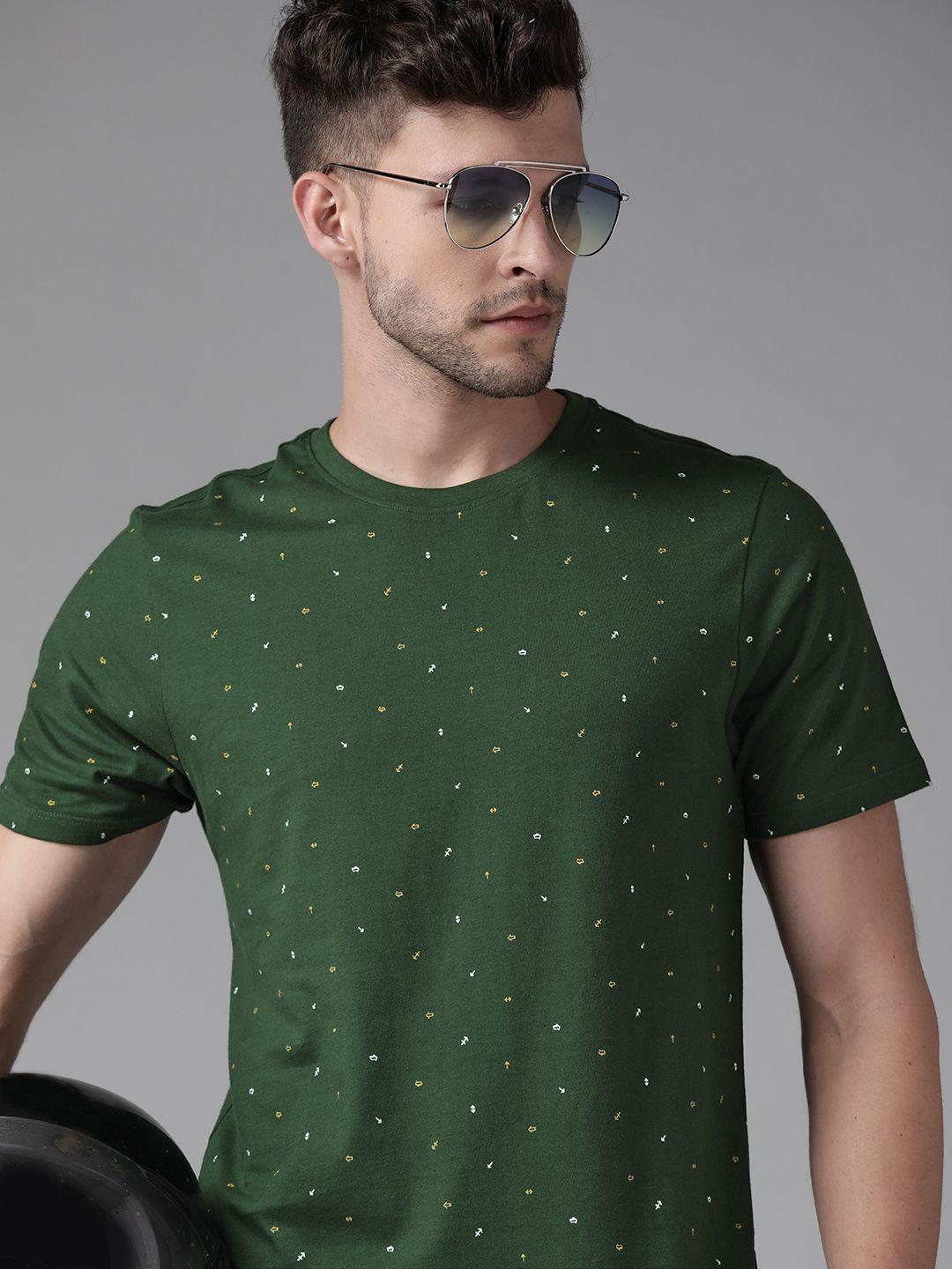 roadster men olive green & white conversational printed pure cotton t-shirt