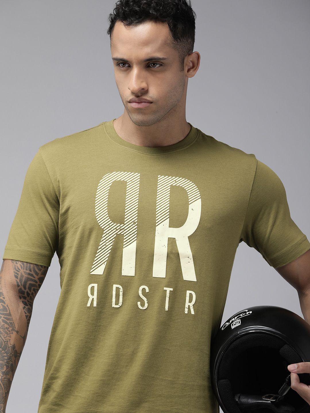 roadster men olive green & white pure cotton brand logo printed t-shirt