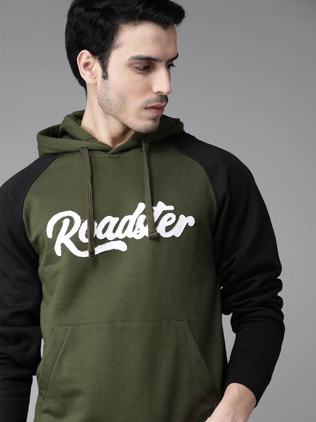 roadster men olive green & white solid hooded sweatshirt