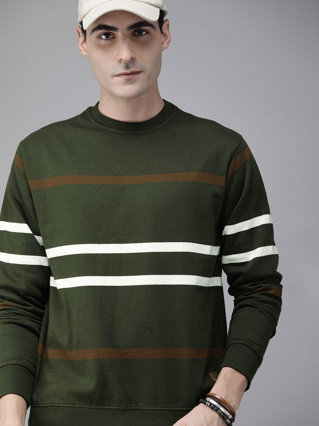 roadster men olive green & white striped sweatshirt