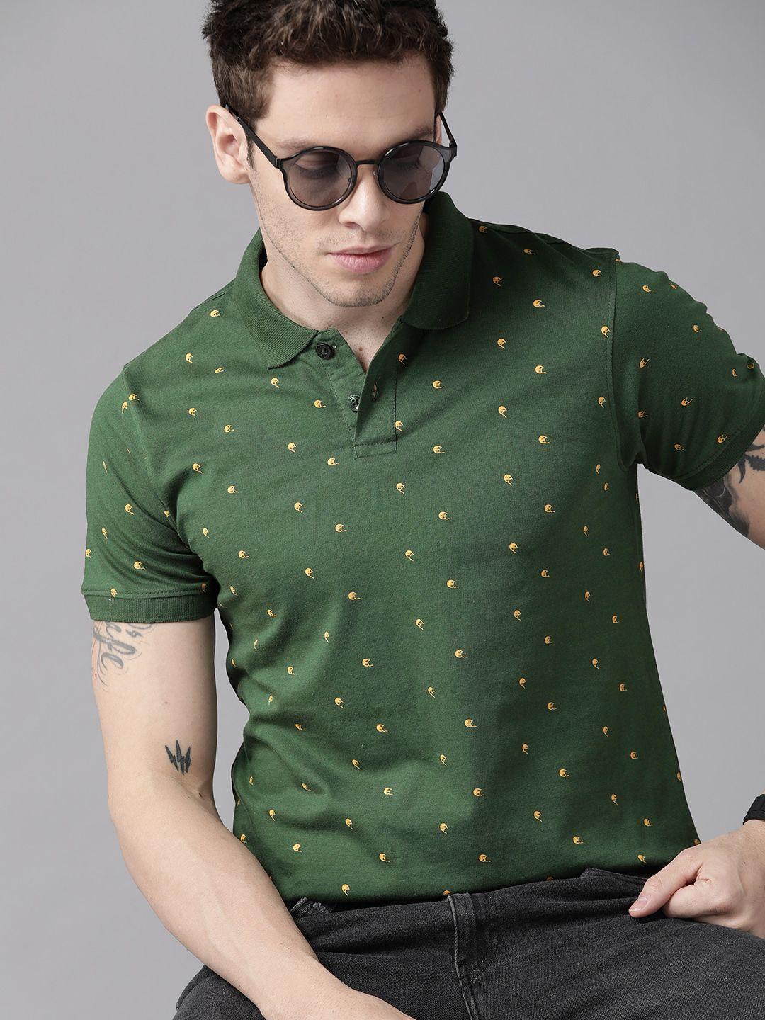 roadster men olive green & yellow printed polo collar pure cotton t-shirt