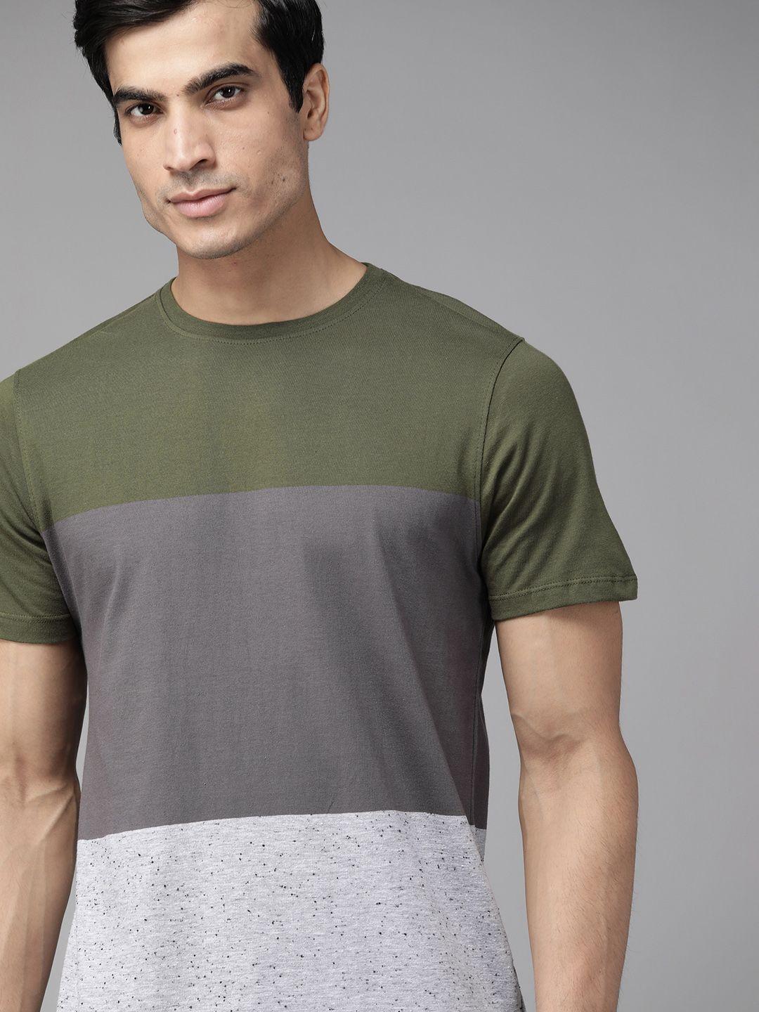 roadster men olive green  grey colourblocked pure cotton t-shirt