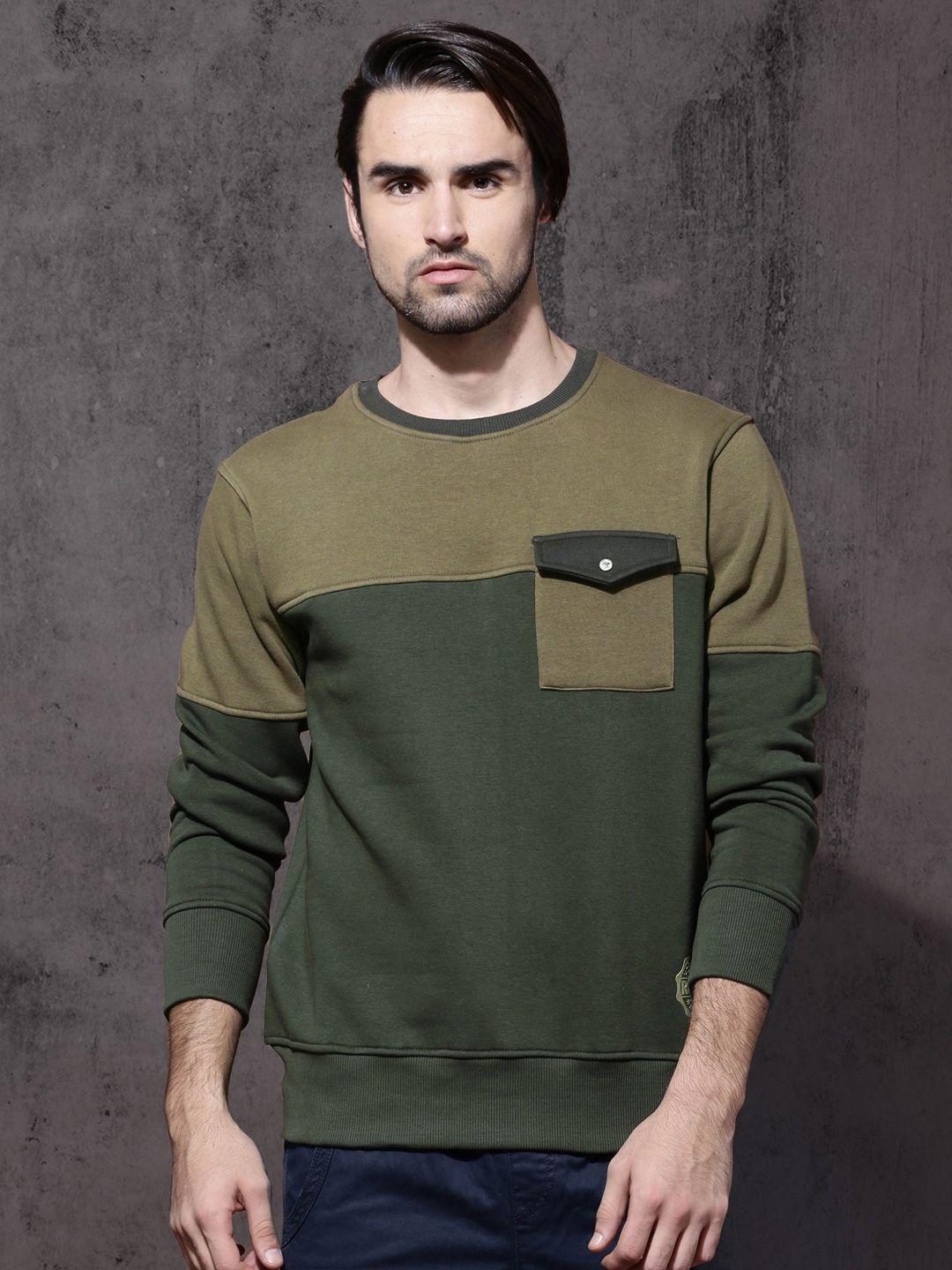 roadster men olive green colourblocked sweatshirt