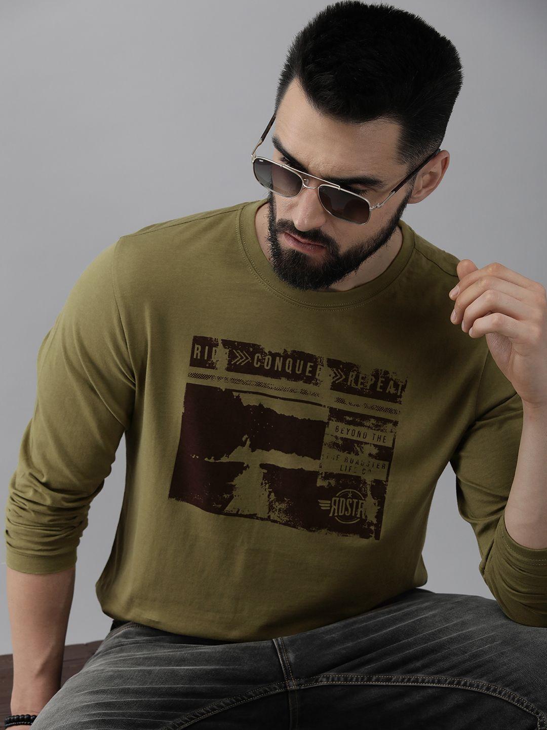 roadster men olive green graphic printed pure cotton t-shirt