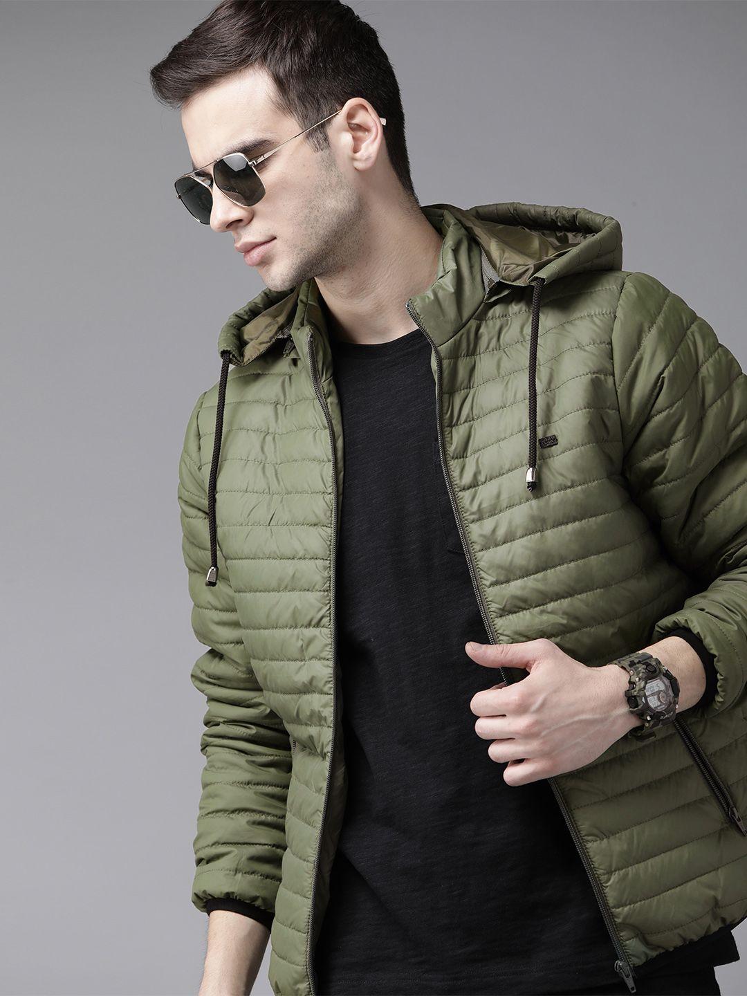 roadster men olive green hooded padded jacket