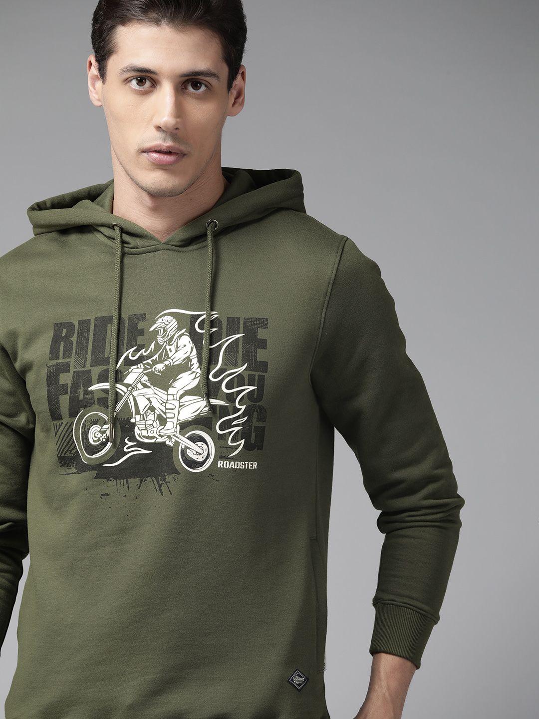 roadster men olive green printed hooded sweatshirt