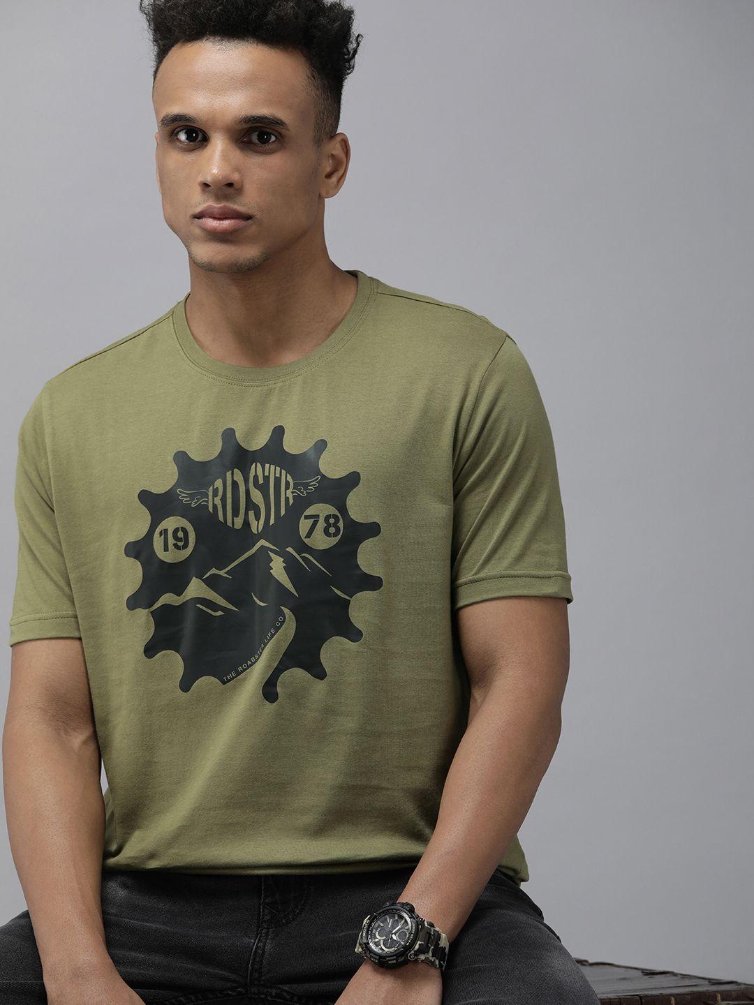 roadster men olive green printed pure cotton t-shirt