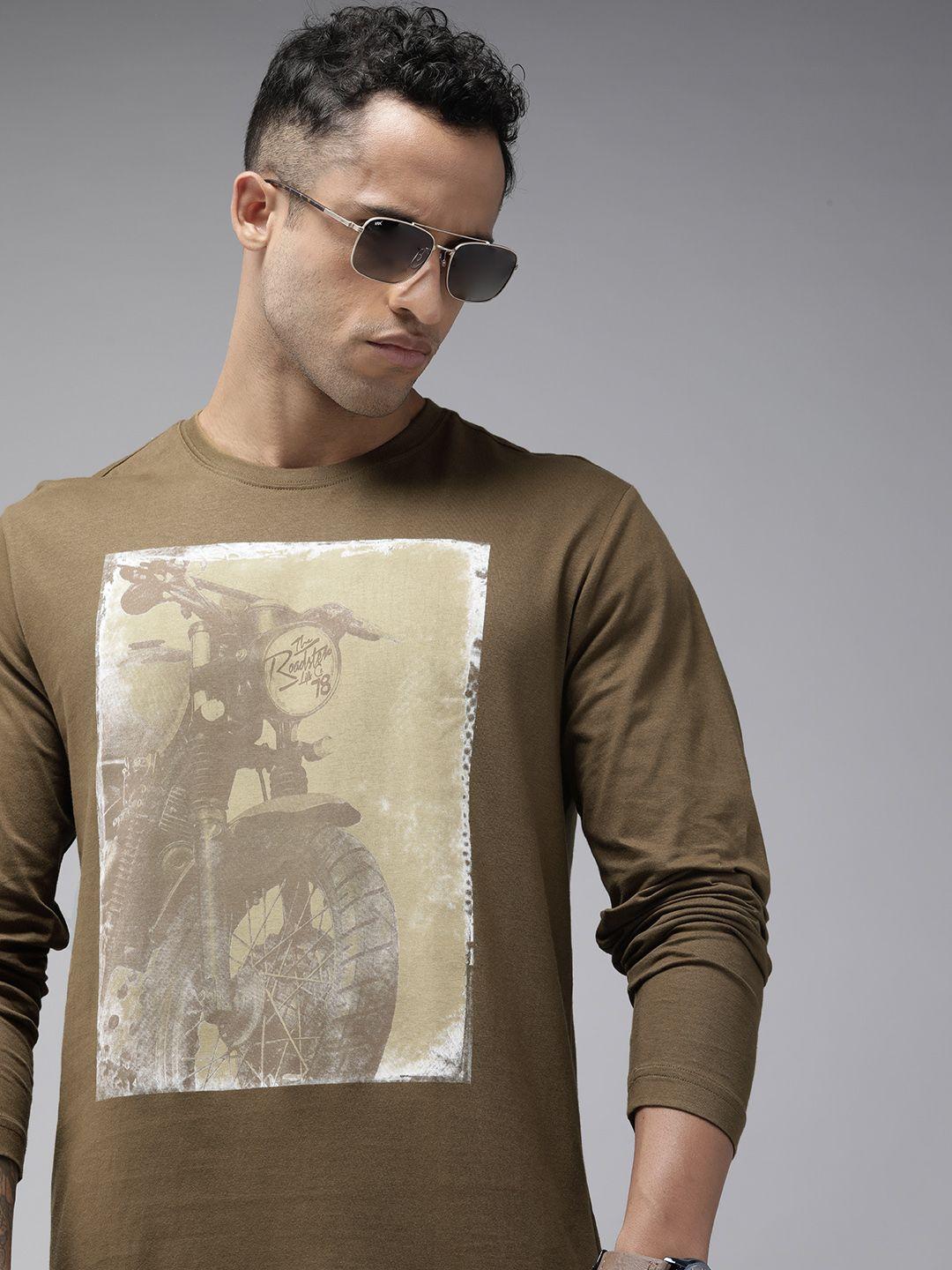 roadster men olive green printed pure cotton t-shirt