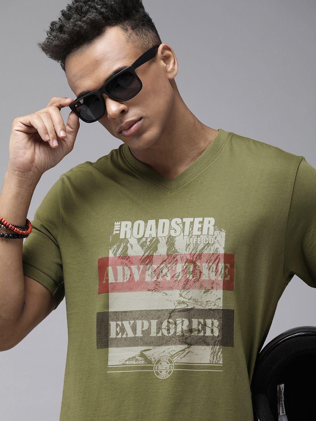 roadster men olive green printed v-neck pure cotton t-shirt
