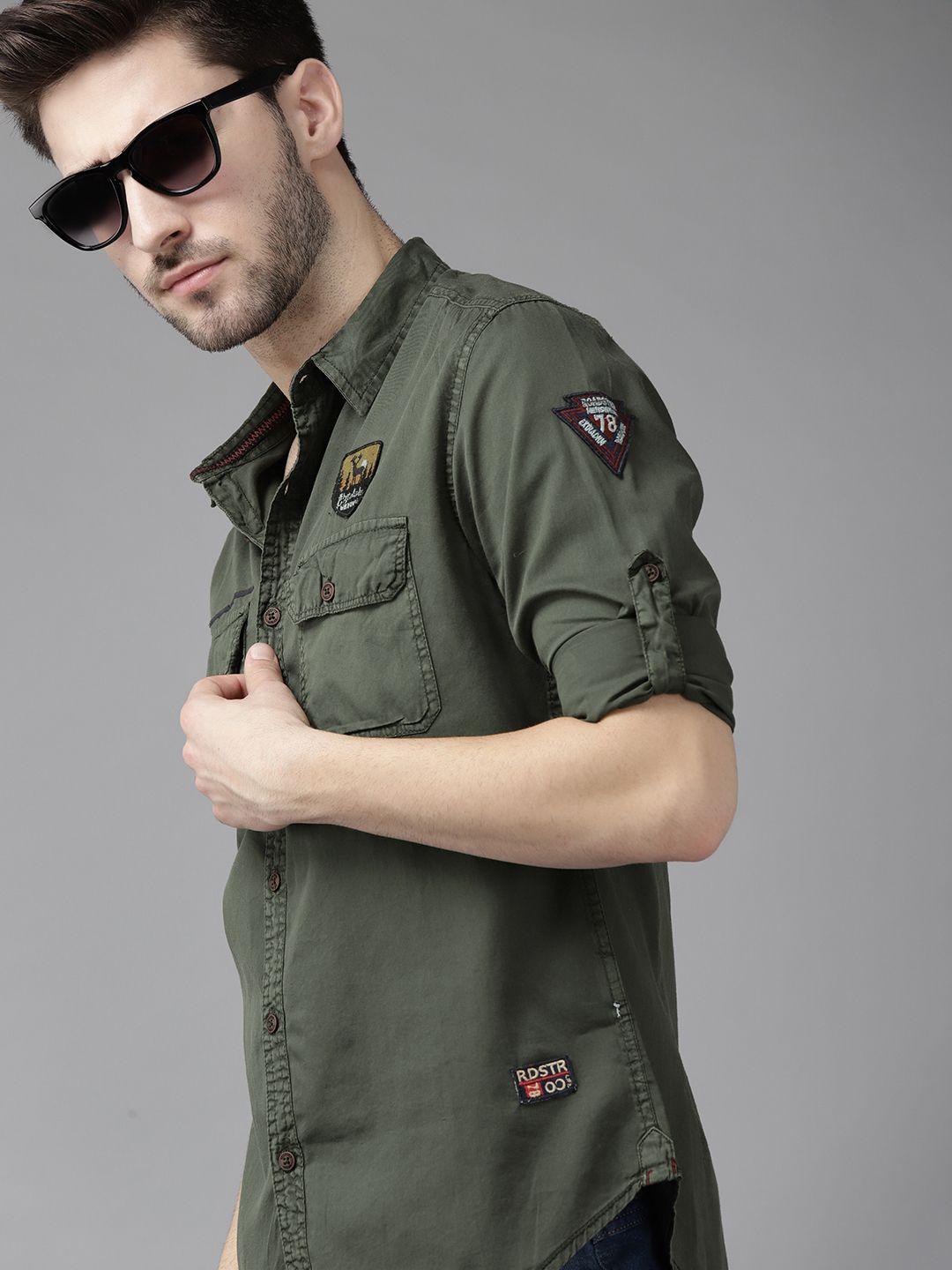 roadster men olive green pure cotton opaque casual shirt