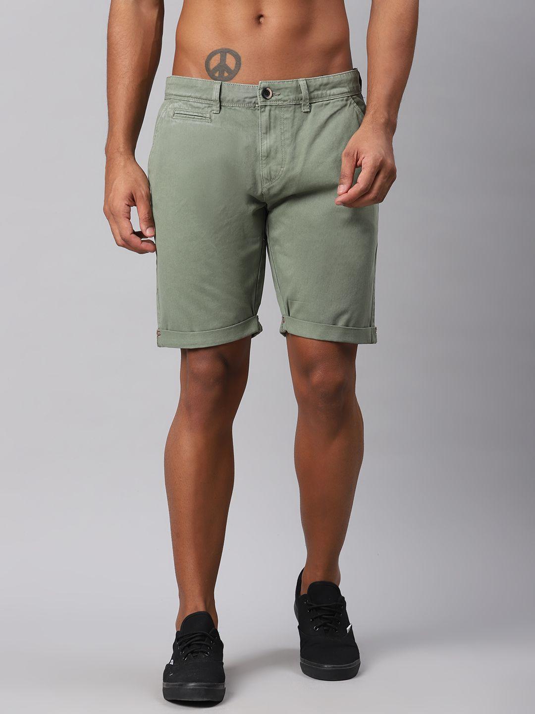 roadster men olive green pure cotton solid chino shorts
