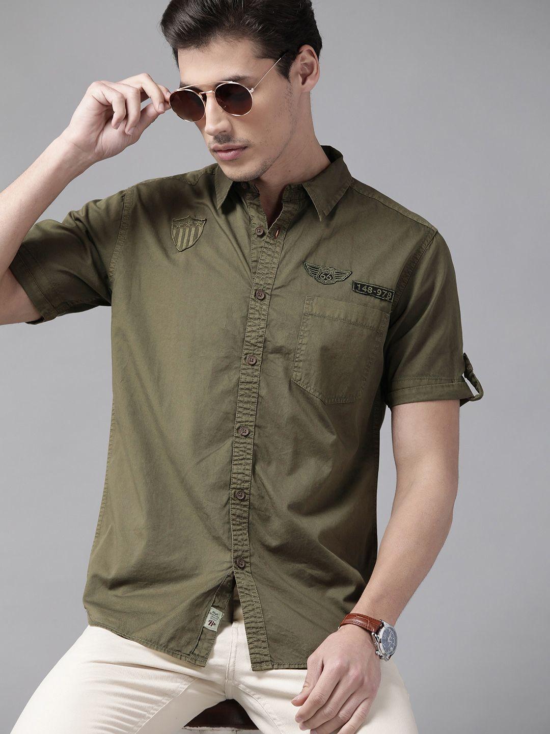 roadster men olive green pure cotton solid sustainable casual shirt