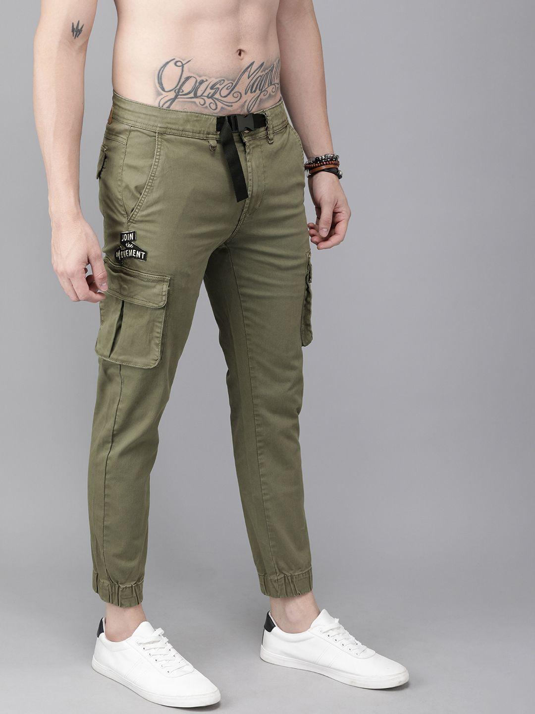 roadster men olive green regular fit solid joggers