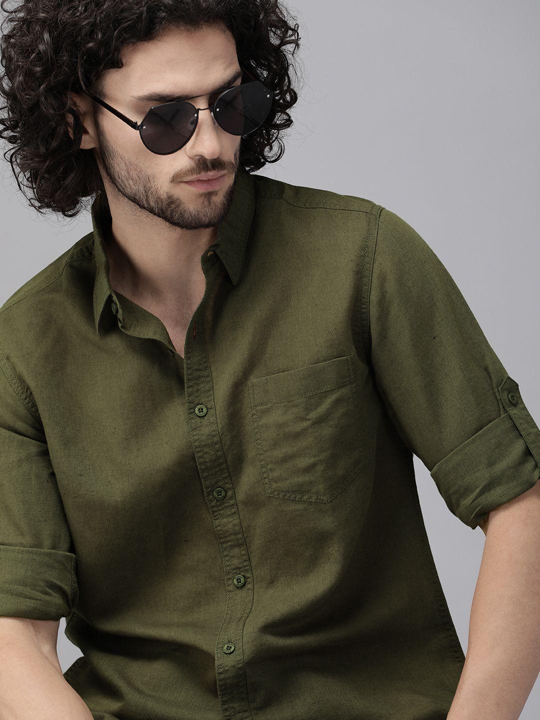 roadster men olive green regular fit solid sustainable casual linen-cotton shirt