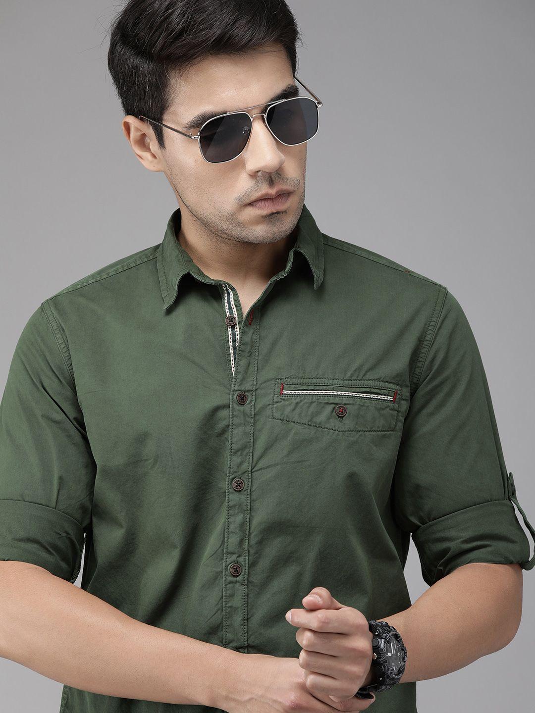 roadster men olive green regular fit solid sustainable casual shirt