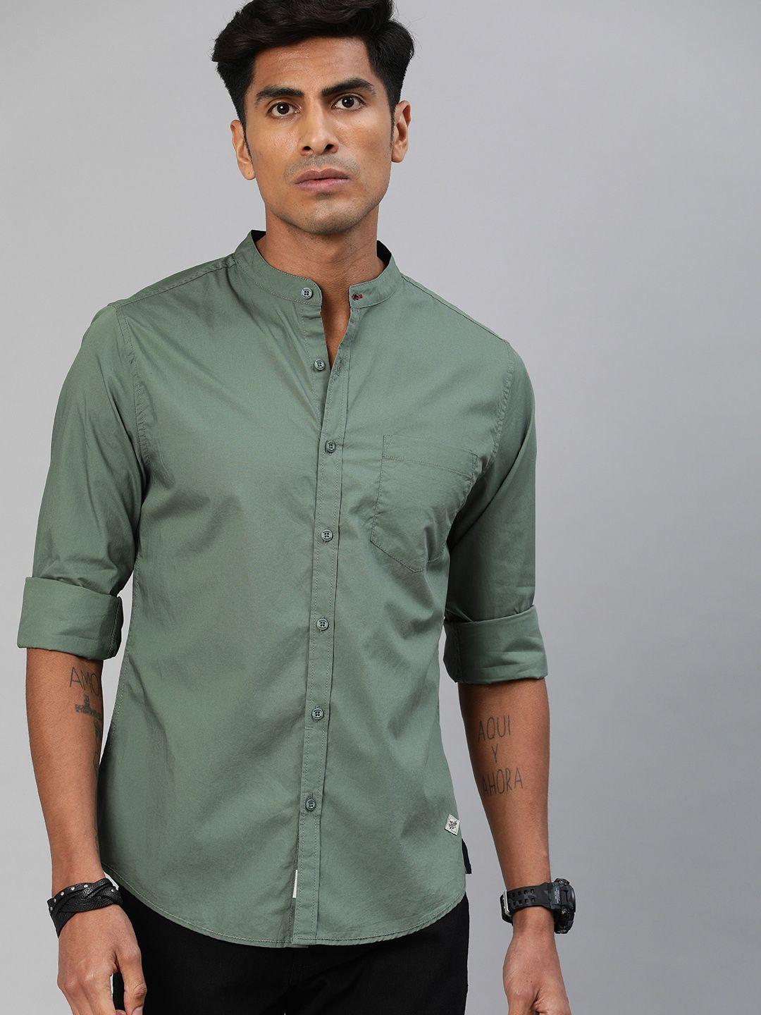 roadster men olive green regular fit solid sustainable casual shirt